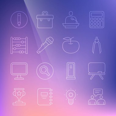 Set line Two sitting men talking Chalkboard Drawing compass Gives lecture Microphone Abacus Pencil and Apple icon. Vector.
