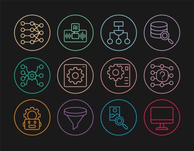 Set line Computer monitor Neural network Algorithm api interface and Artificial intelligence AI icon. Vector.