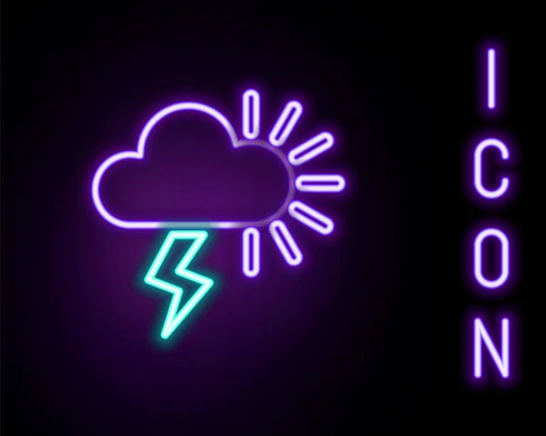 发光的霓虹灯线风暴图标孤立在黑色背景 闪烁着闪电和阳光的云彩 暴风雨的天气标志 五彩缤纷的概念 — 图库矢量图片
