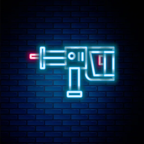 Leuchtende Neon Linie Elektrische Bohrhammer Bohrmaschine Symbol Isoliert Auf Backsteinwand — Stockvektor