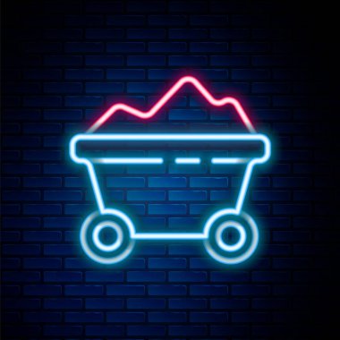 Glowing neon line Coal mine trolley icon isolated on brick wall background. Factory coal mine trolley. Colorful outline concept. Vector.