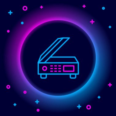 Glowing neon line Scanner icon isolated on black background. Scan document, paper copy, print office scanner. Colorful outline concept. Vector.
