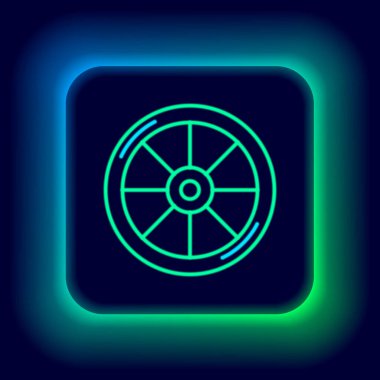 Parlayan neon çizgisi bisiklet tekeri simgesi siyah arkaplanda izole edildi. Bisiklet yarışı. Olağanüstü bir spor. Spor malzemeleri. Renkli taslak konsepti. Vektör.