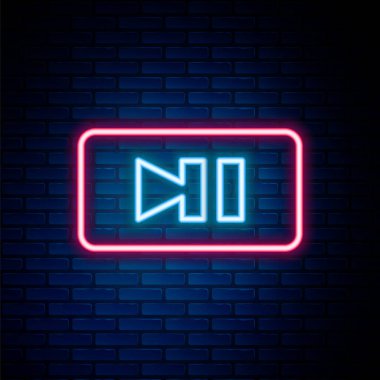 Glowing neon line Pause button icon isolated on brick wall background. Colorful outline concept. Vector.