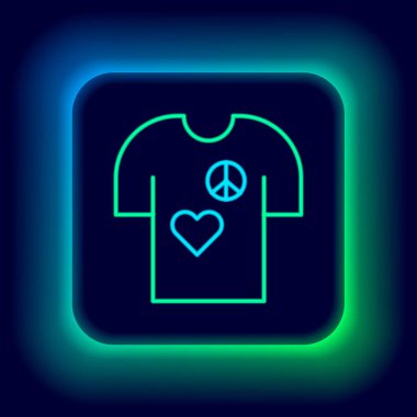 Siyah arkaplanda parlayan neon çizgisi Barış tişörtü baskı simgesi ikonu izole edildi. Renkli taslak konsepti. Vektör.