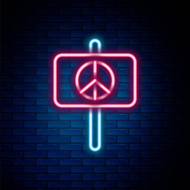 Parlayan neon hattı. Tuğla duvar arkasında barış simgesi izole edildi. Hippi barış sembolü. Renkli taslak konsepti. Vektör.