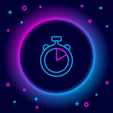 Parlayan neon hattı Stopwatch simgesi siyah arkaplanda izole edildi. Zaman göstergesi. Kronometre işareti. Renkli taslak konsepti. Vektör.