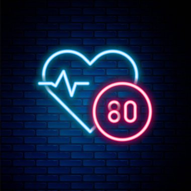 Parlayan neon hattı kalp atış hızı simgesi tuğla duvar arkasında izole edildi. Kalp atışı işareti. Kalp atışı ikonu. Kardiyogram simgesi. Renkli taslak konsepti. Vektör.