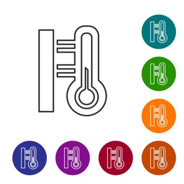 Siyah çizgi Meteoroloji termometresi beyaz arka planda izole edilmiş ikonu ölçüyor. Termometre termometresi sıcak ya da soğuk hava gösteriyor. Simgeleri renk daire düğmelerine ayarla. Vektör.