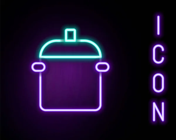 Gloeiende Neon Lijn Koken Pot Pictogram Geïsoleerd Zwarte Achtergrond Kook — Stockvector