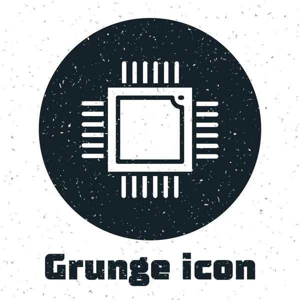具有微电路Cpu图标的Grunge计算机处理器 在白色背景上隔离 芯片或Cpu与电路板 微处理器 单色复古绘画 — 图库矢量图片