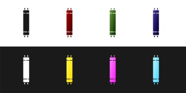 Siyah ve beyaz arka planda izole edilmiş uzun ışıklandırma floresan enerji tasarrufu ikonu ayarla. Vektör.