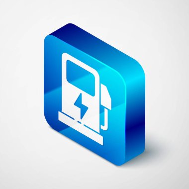Isometric Electric car charging station icon isolated on grey background. Eco electric fuel pump sign. Blue square button. Vector.