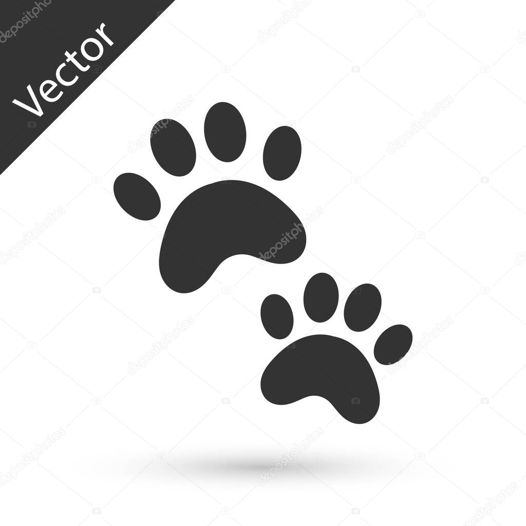 Grey Paw print icon isolated on white background. Dog or cat paw print. Animal track. Vector.