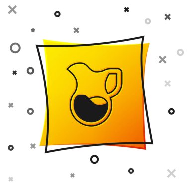 Black Jug glass with milk icon isolated on white background. Kettle for milk. Glass decanter with drinking milk. Yellow square button. Vector.