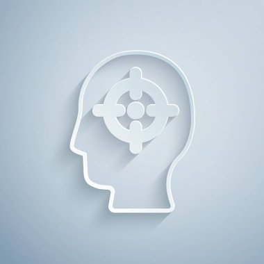 Kağıt kesiği kafa avlama simgesi gri arka planda izole edildi. İş hedefi ya da İstihdam tabelası. İş için insan kaynakları ve adam toplama. Kağıt sanatı tarzı. Vektör.