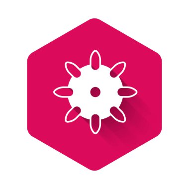 Manikür simgesi için uzun gölgeli beyaz tırnak seti. Tırnak eklentisi için vernik renk paleti. Yapay tırnaklar. Pembe altıgen düğmesi. Vektör.