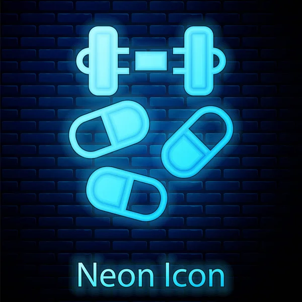 Glowing Neon Sports Doping Anabolic Drugs Dumbbell Icon Isolated Brick — Stock Vector