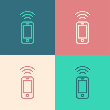 Pop sanat çizgisi kablosuz akıllı telefon simgesi renk arkaplanında izole edildi. Vektör.