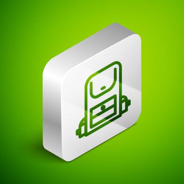 Isometric Line Hiking sırt çantası simgesi yeşil arkaplanda izole edildi. Kamp ve dağ gezisi sırt çantası. Gümüş kare düğme. Vektör.