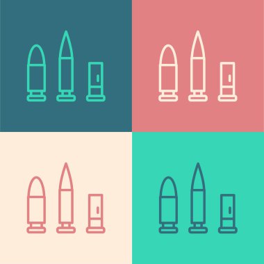 Pop art line Bullet and cartridge icon isolated on color background. Vector.