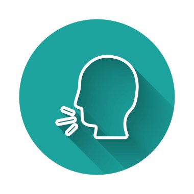 White line Man coughing icon isolated with long shadow. Viral infection, influenza, flu, cold symptom. Tuberculosis, mumps, whooping cough. Green circle button. Vector...