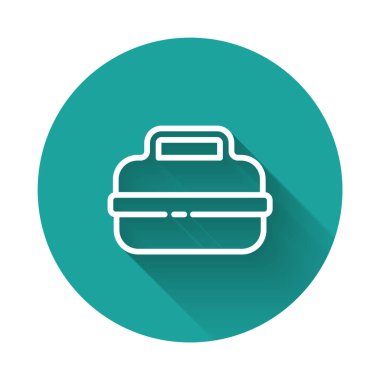 Beyaz çizgi tencere ikonu uzun gölgeli izole edilmiş. Haşlama ya da güveç besin sembolü. Yeşil daire düğmesi. Vektör.