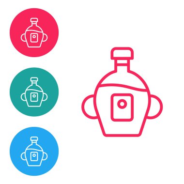 Red line Bottle of maple syrup icon isolated on white background. Set icons in circle buttons. Vector.