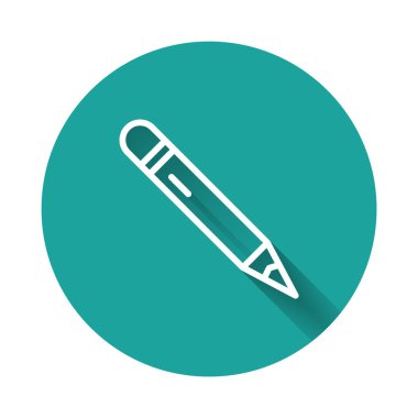 White line Pencil with eraser icon isolated with long shadow. Drawing and educational tools. School office symbol. Green circle button. Vector.