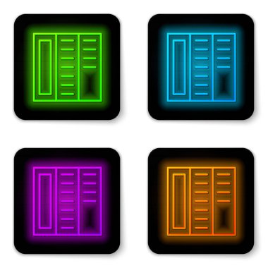 Glowing neon line Brochure template layout icon isolated on white background. Corporate business annual report, catalog, magazine, flyer mockup. Black square button. Vector.