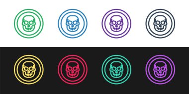 Set line Mexican skull coin icon isolated on black and white background. Vector.