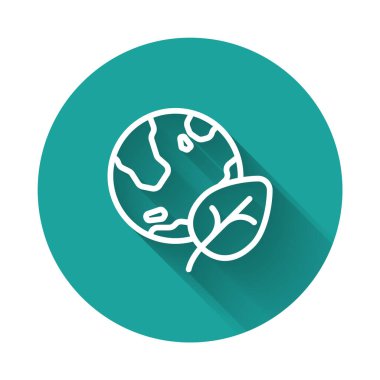 White line Earth globe and leaf icon isolated with long shadow background. World or Earth sign. Geometric shapes. Environmental concept. Green circle button. Vector.