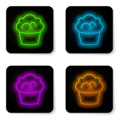 Glowing neon line Muffin icon isolated on white background. Black square button. Vector.