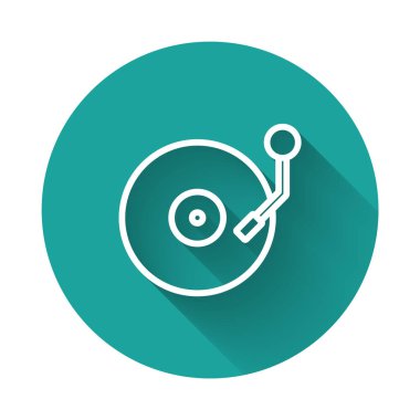Uzun gölge arkaplan izole edilmiş vinil disk simgesine sahip beyaz çizgi Vinil oynatıcı. Yeşil daire düğmesi. Vektör.