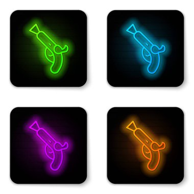 Parlayan neon hattı Vintage tabanca simgesi beyaz arkaplanda izole edildi. Eski bir silah. Siyah kare düğme. Vektör.