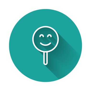 White line Smile face icon isolated with long shadow background. Smiling emoticon. Happy smiley chat symbol. Green circle button. Vector.