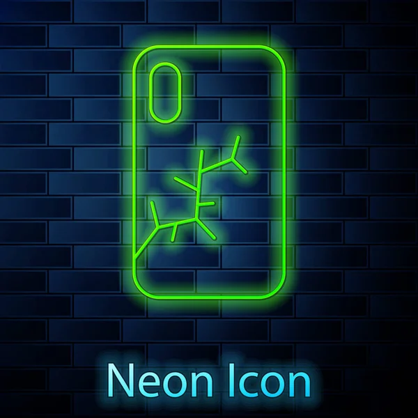 Gloeiende Neon Lijn Smartphone Met Gebroken Scherm Pictogram Geïsoleerd Baksteen — Stockvector