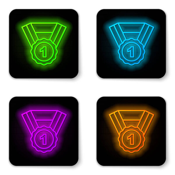 Glowing neon line Dog award symbol icon isolated on white background. Medal with dog footprint as pets exhibition winner concept. Black square button. Vector.
