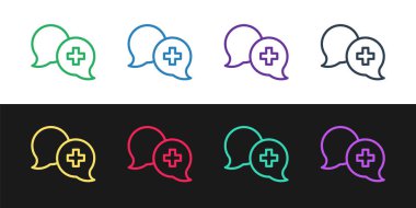 Set line Dialogue with the doctor icon isolated on black and white background. Doctor and patient dialog. Consulting about medical health services. Vector.