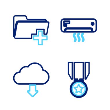 Set line Medal with star Cloud download Air conditioner and Add new folder icon. Vector.
