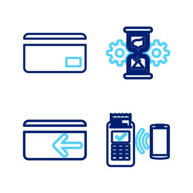 Set line POS terminal Cash back Hourglass and gear and Credit card icon. Vector.