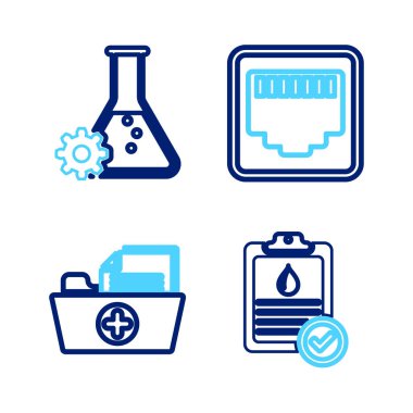 Set line Clipboard with blood test Health record folder Network port cable socket and Bioengineering icon. Vector.