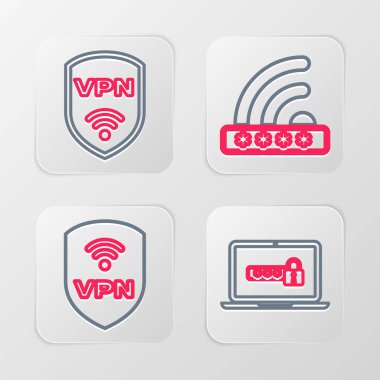 Set line Laptop with password Shield VPN wireless Wifi locked and icon. Vector.