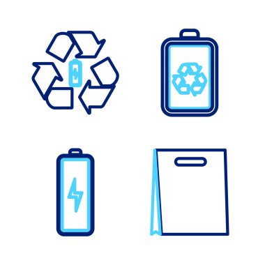 Set line Shopping bag Battery with recycle and icon. Vector.