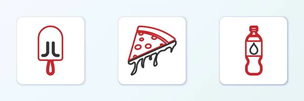 Set Line Bottle Water Ice Cream Slice Pizza Icon Vector — Stockový vektor