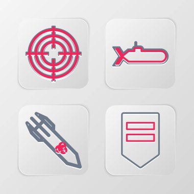 Set line Chevron Biohazard rocket Submarine and Target sport icon. Vector.