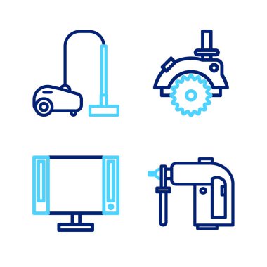 Set line Rotary hammer drill machine Smart Tv Electric circular saw and Vacuum cleaner icon. Vector.