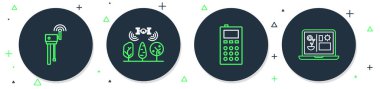 Set line Smart farm with drone Remote control Router and wi-fi signal and farming technology icon. Vector.