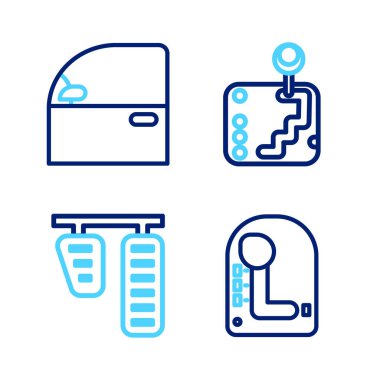 Set line Gear shifter Car gas and brake pedals and door icon. Vector.