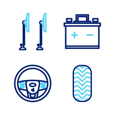 Set line Car tire Steering wheel battery and Windscreen wiper icon. Vector.
